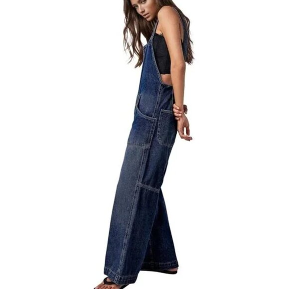Knotted Strap Dark Wash Open Back Dungarees Overalls - Picture 3 of 3